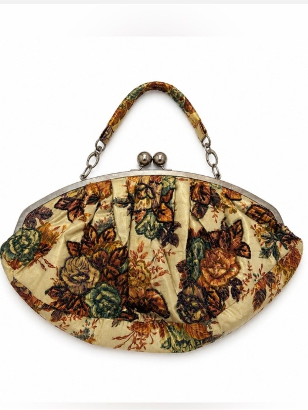 Vintage Floral Quilted Satin Frame Handle Clutch - Cream/Green/Brown